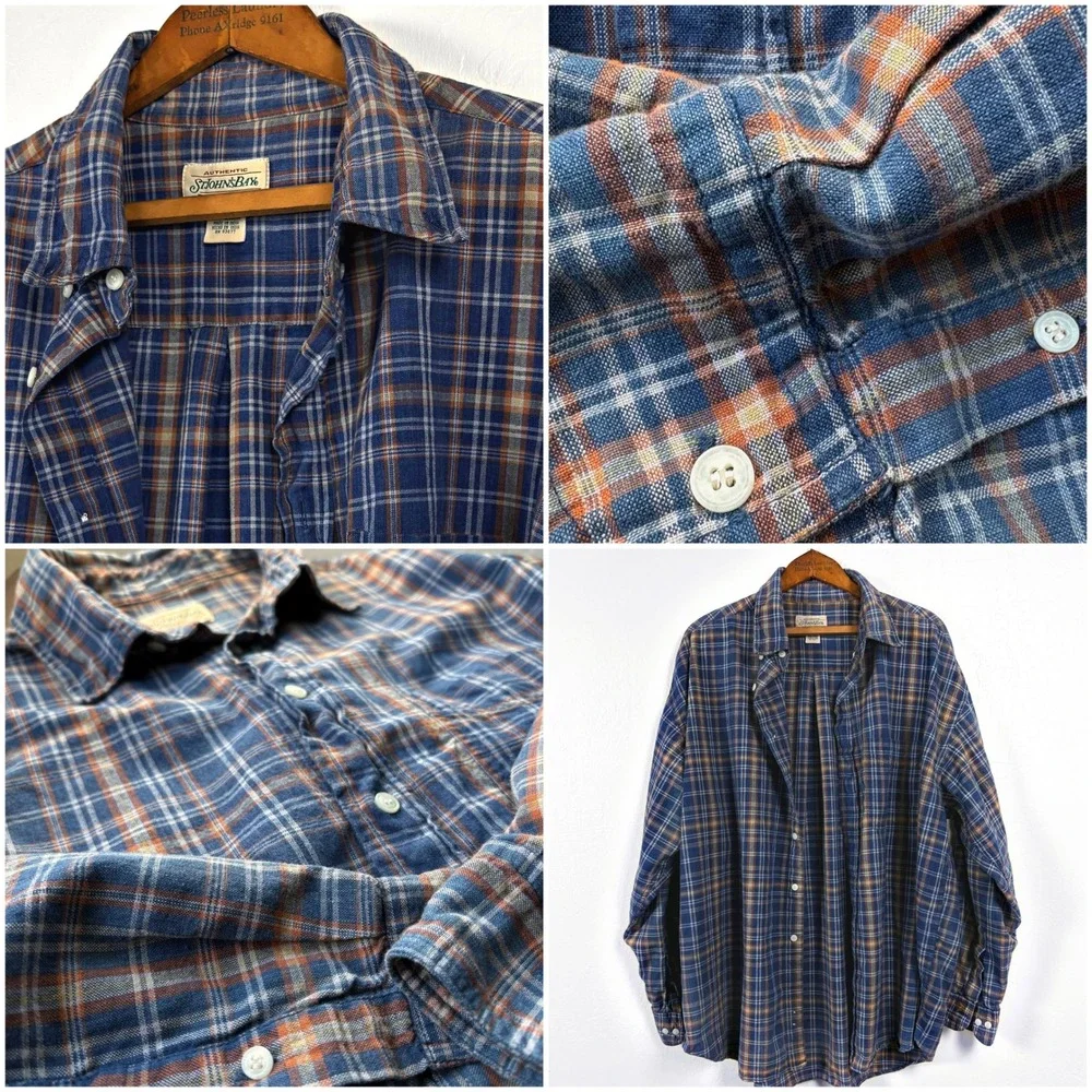 Vtg St Johns Bay Plaid Shirt XL Lightweight Cotton Worn-In Soft Faded‎ Blue 90s